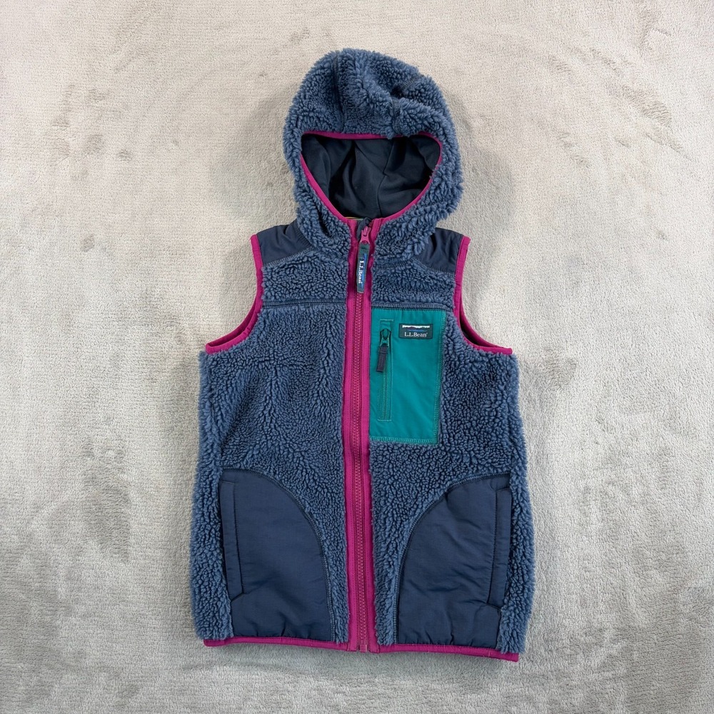 L.L. Bean Sherpa Retro-X Vest with Hood Youth L 6x/7 Full Zip Navy‎ Multicolor